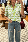 Floral Print Puff Sleeve V-Neck Blouse