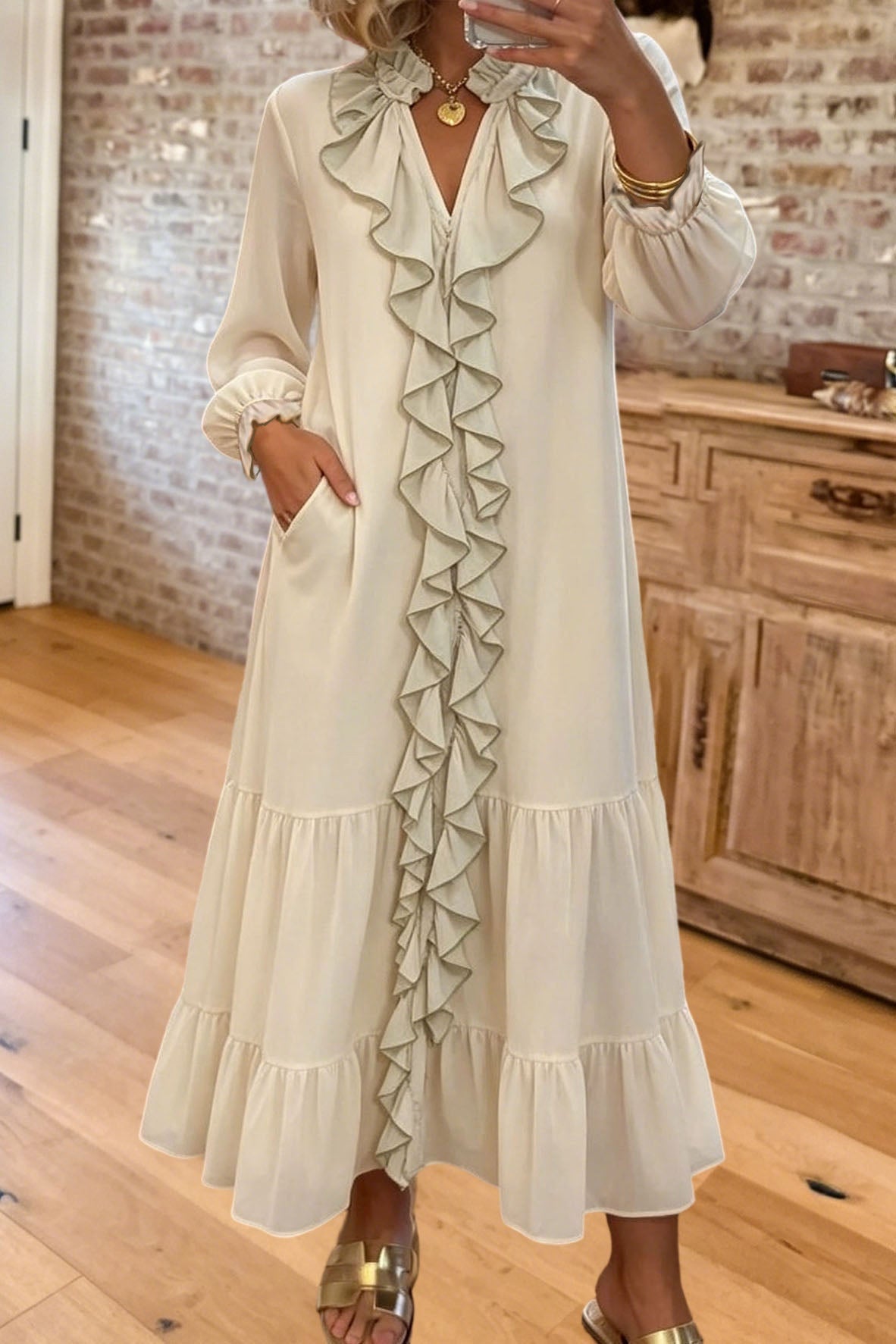 Elegant Ruffle Trim Long Sleeve Maxi Dress