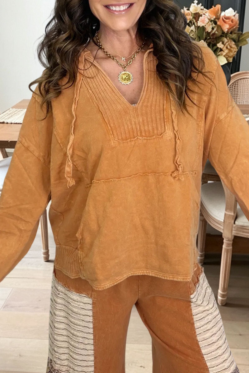 V-Neck Washed Hooded Top