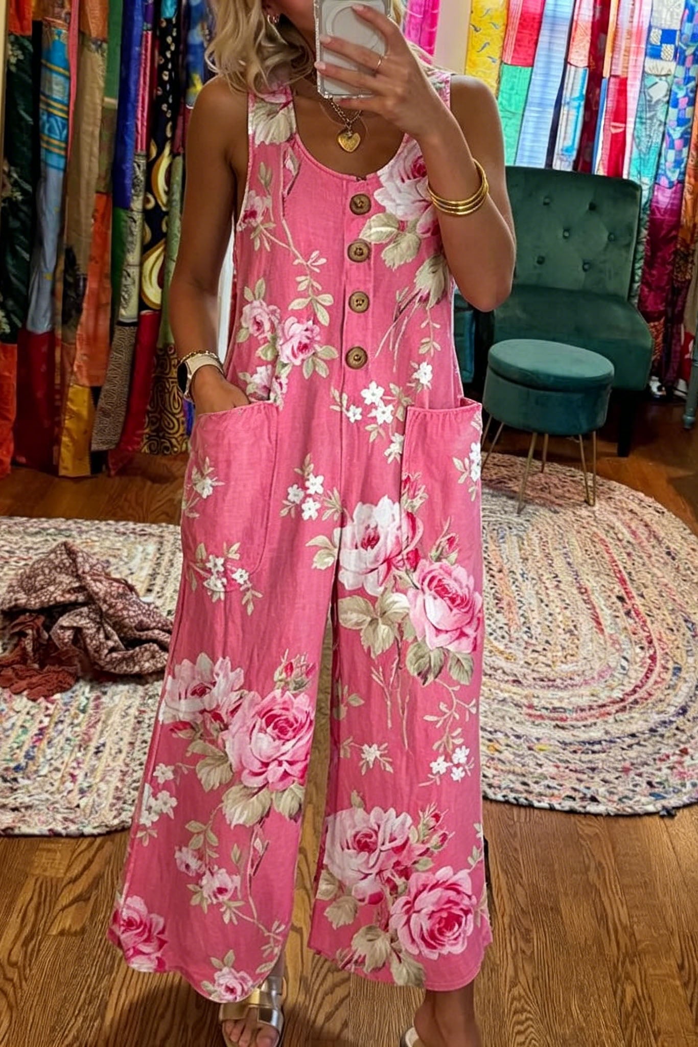 Sleeveless Floral Button Jumpsuit