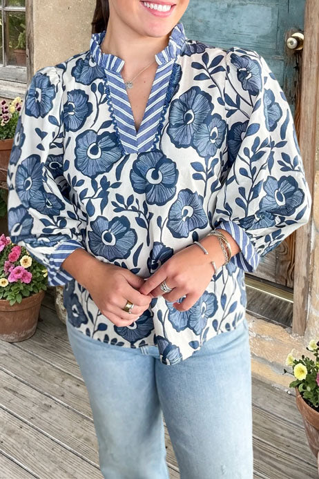 Floral Print V-Neck Ruffle Blouse