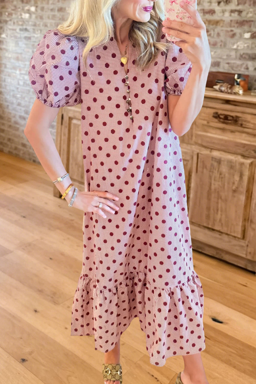 Polka Dot Puff Sleeve Ruffle Midi Dress