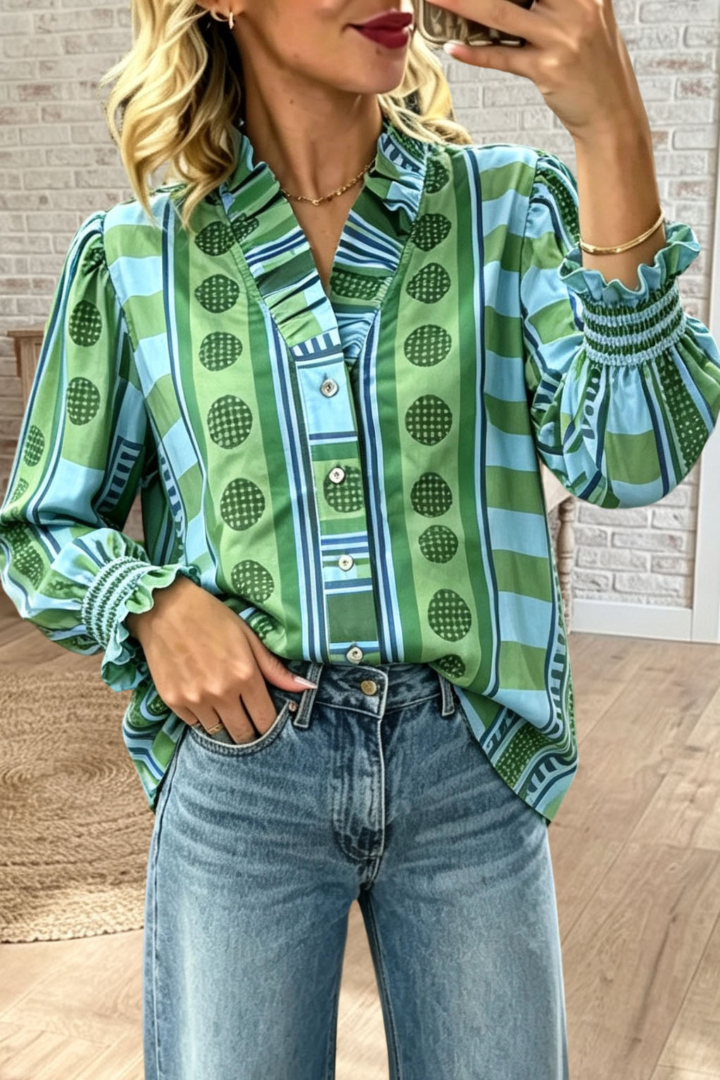 Printed Ruffle Neck Blouse