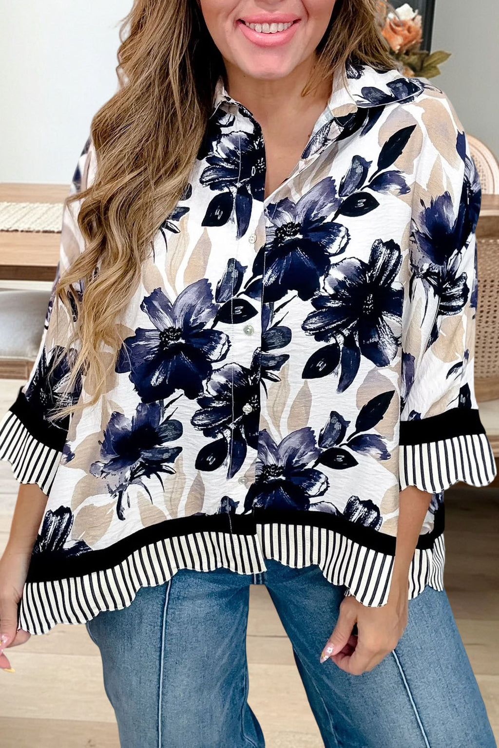 Floral Print Striped Trim Blouse