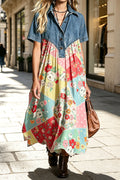 Denim Patchwork Floral Maxi Dress