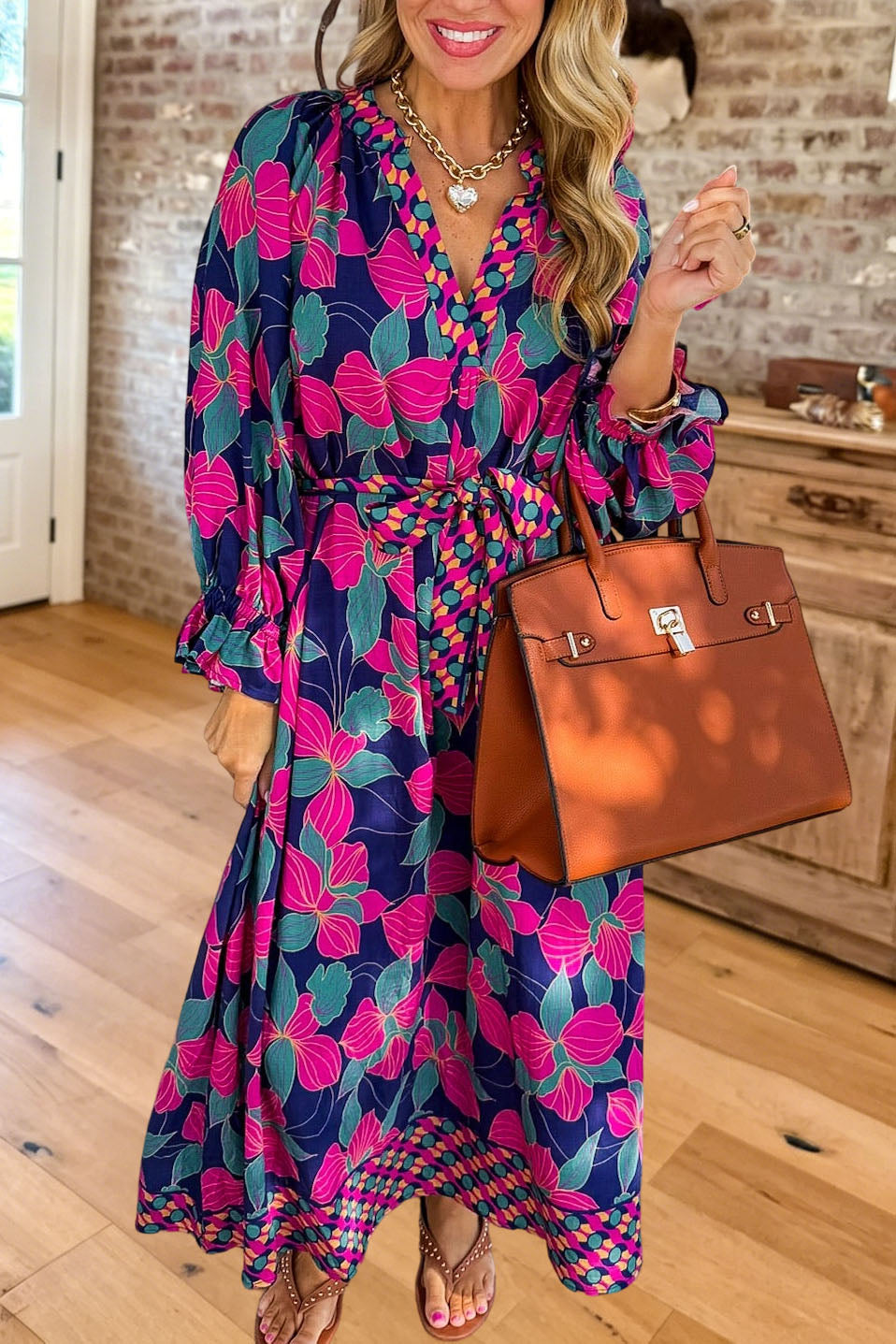 Floral Belted Ruffle Sleeve Dress