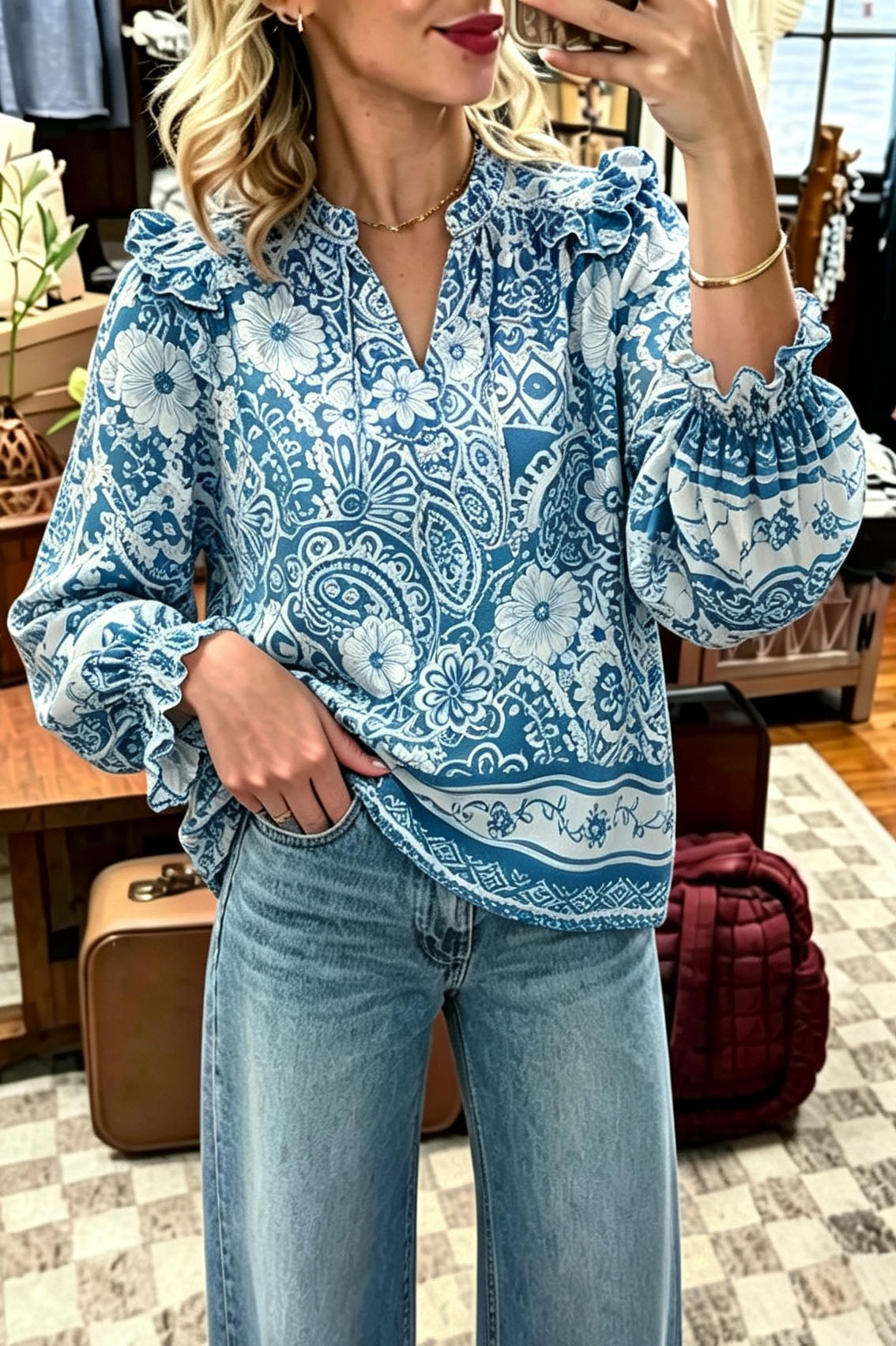 Boho Floral Print V-Neck Blouse