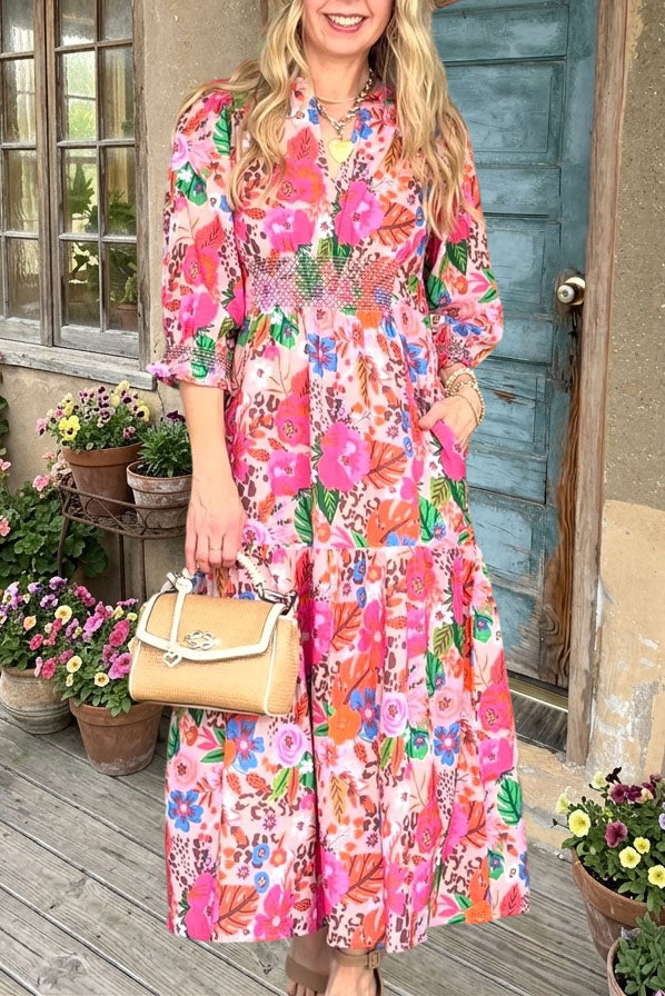 Floral Print Smocked Waist Maxi Dress