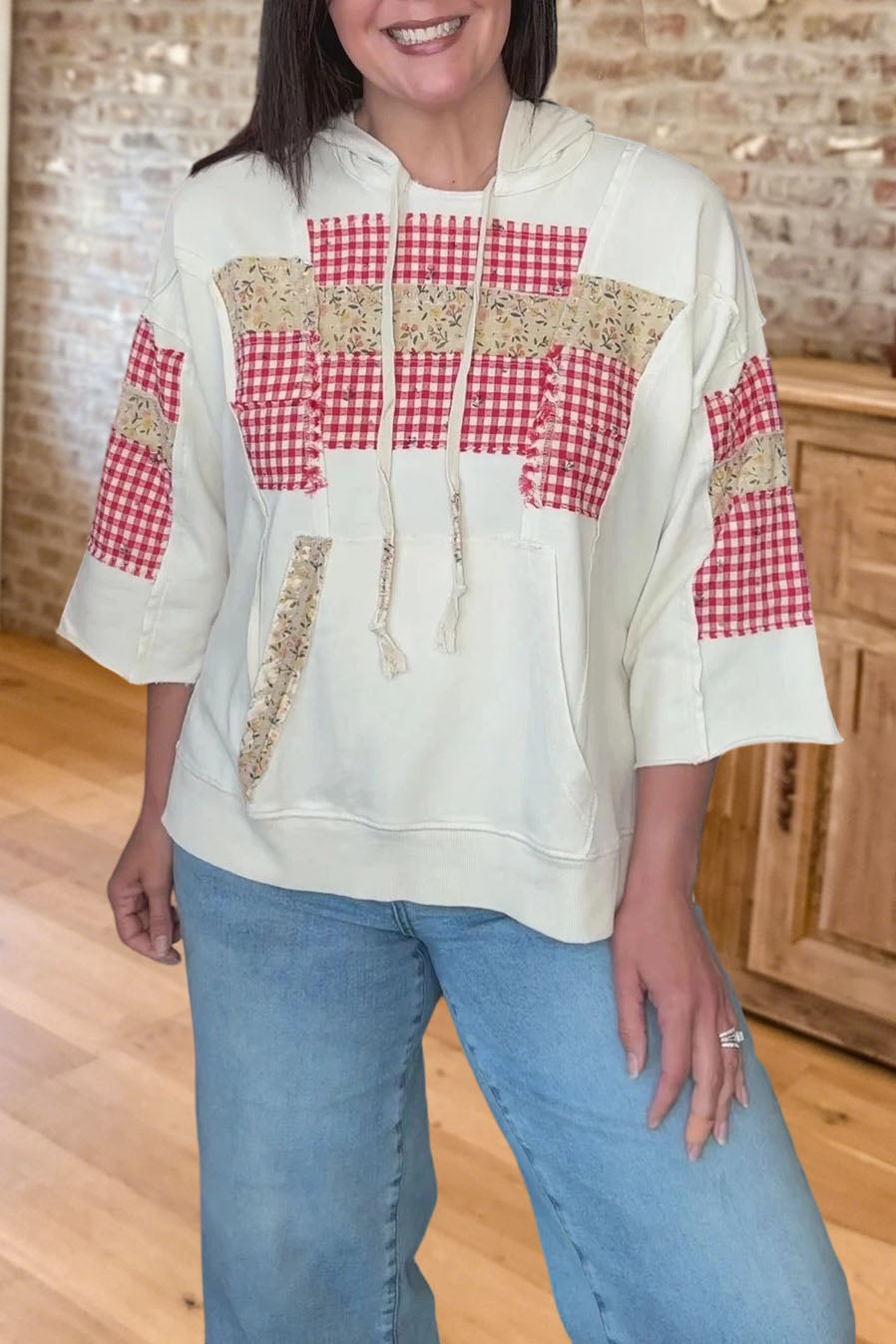 Gingham Patchwork Short Sleeve Hoodie