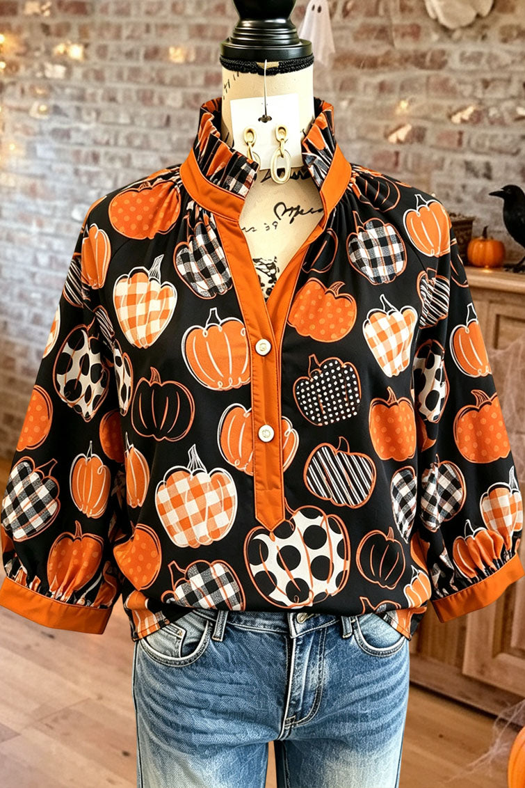 Pumpkin Print Ruffle Neck Blouse