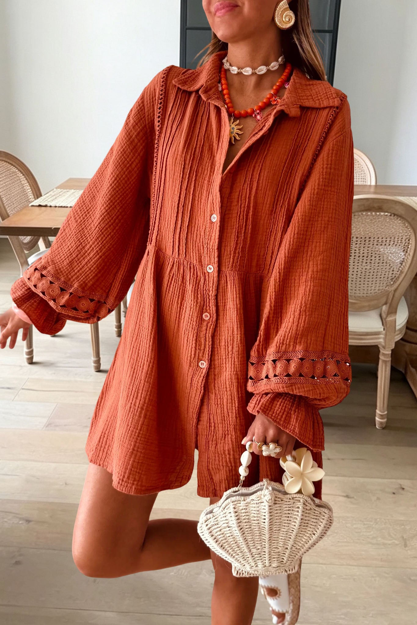 Textured Crochet Trim Shirt Dress