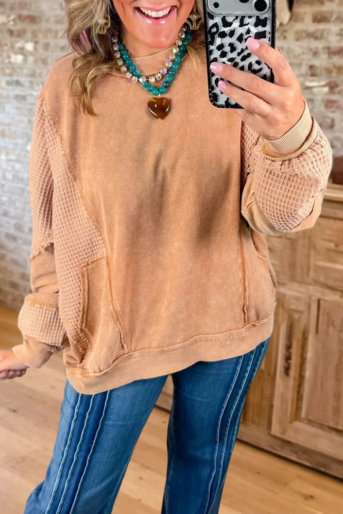 Waffle Knit Patchwork Pocket Sweatshirt