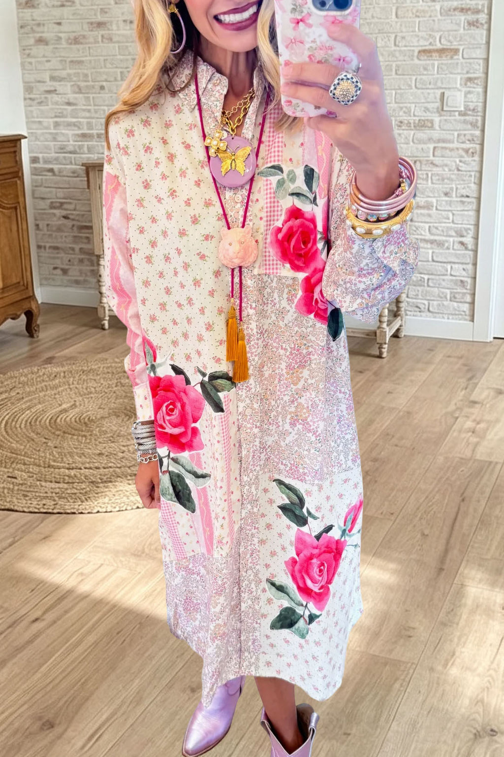 Floral Patchwork Button Shirt Dress