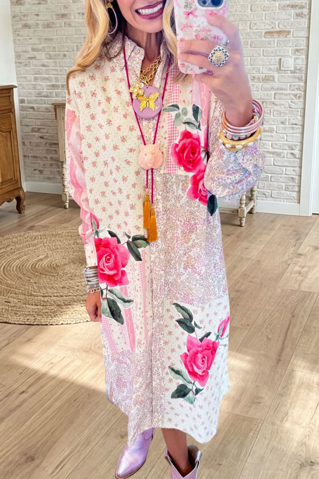 Floral Patchwork Button Shirt Dress