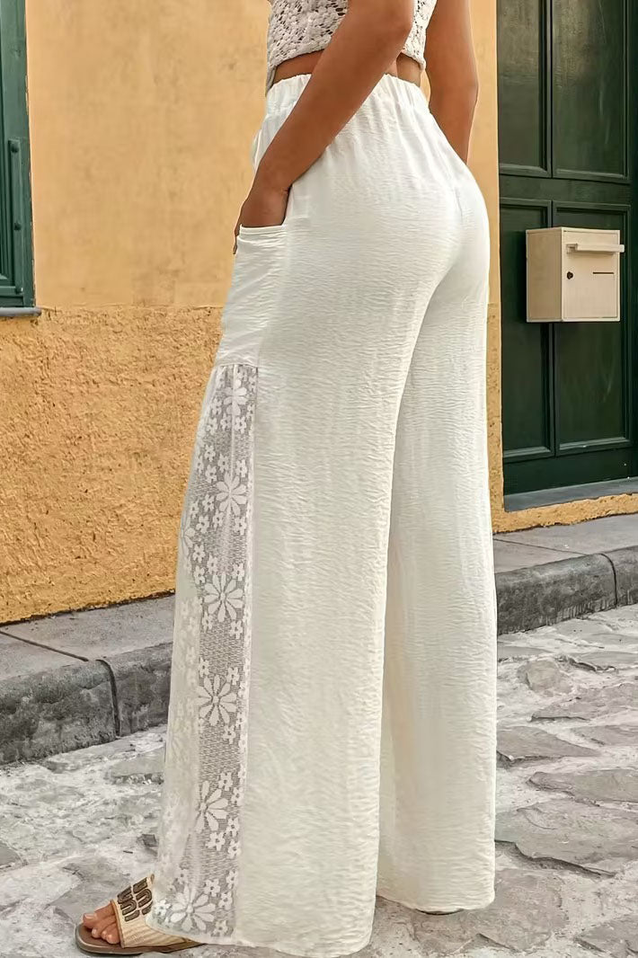 Lace Splicing Drawstring Wide Leg Pants