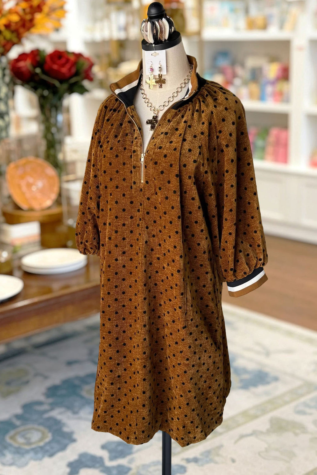 Polka Dot Zipper Corduroy Dress
