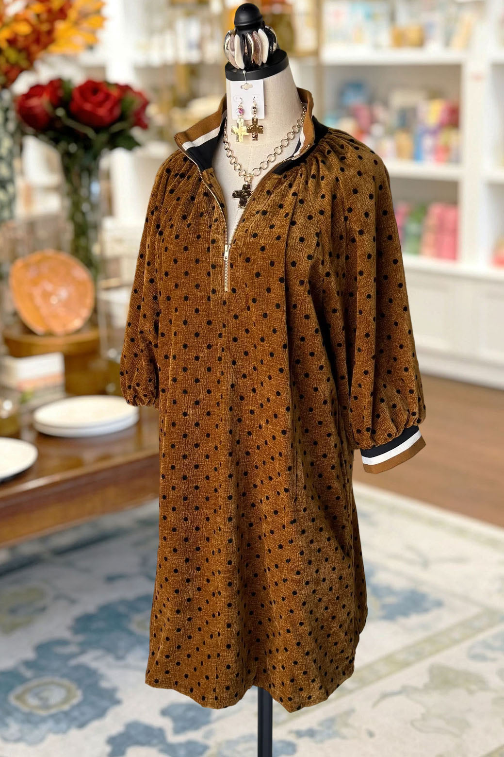Polka Dot Zipper Corduroy Dress