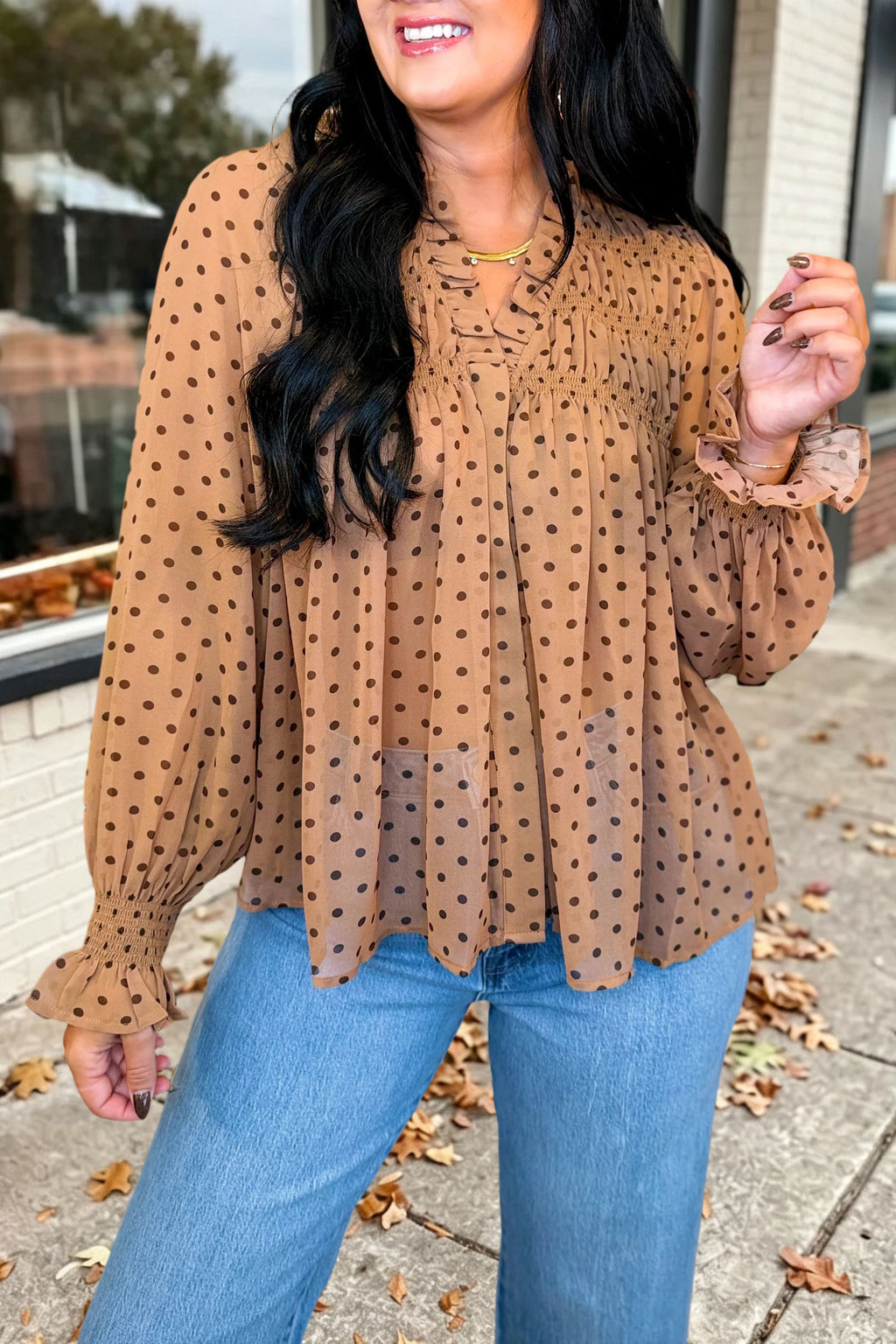 Polka Dot Ruffle Smocked Chiffon Blouse