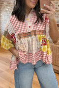 Colorblock Plaid Ruffled Sleeves Blouse