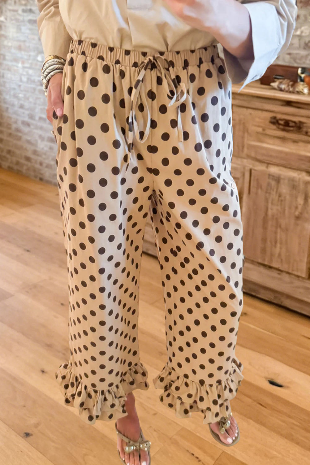 Polka Dot Ruffle Hem Wide Leg Pants