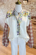 Floral Plaid Patchwork V-Neck Top