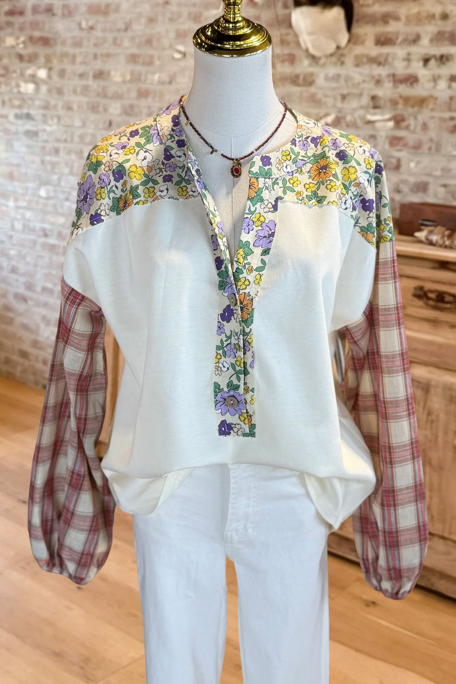 Floral Plaid Patchwork V-Neck Top