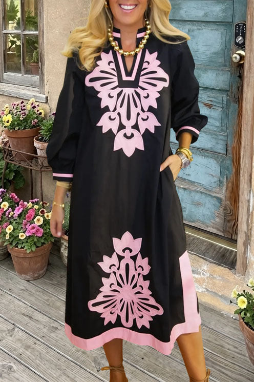 Retro Embroidered V Neck Maxi Dress