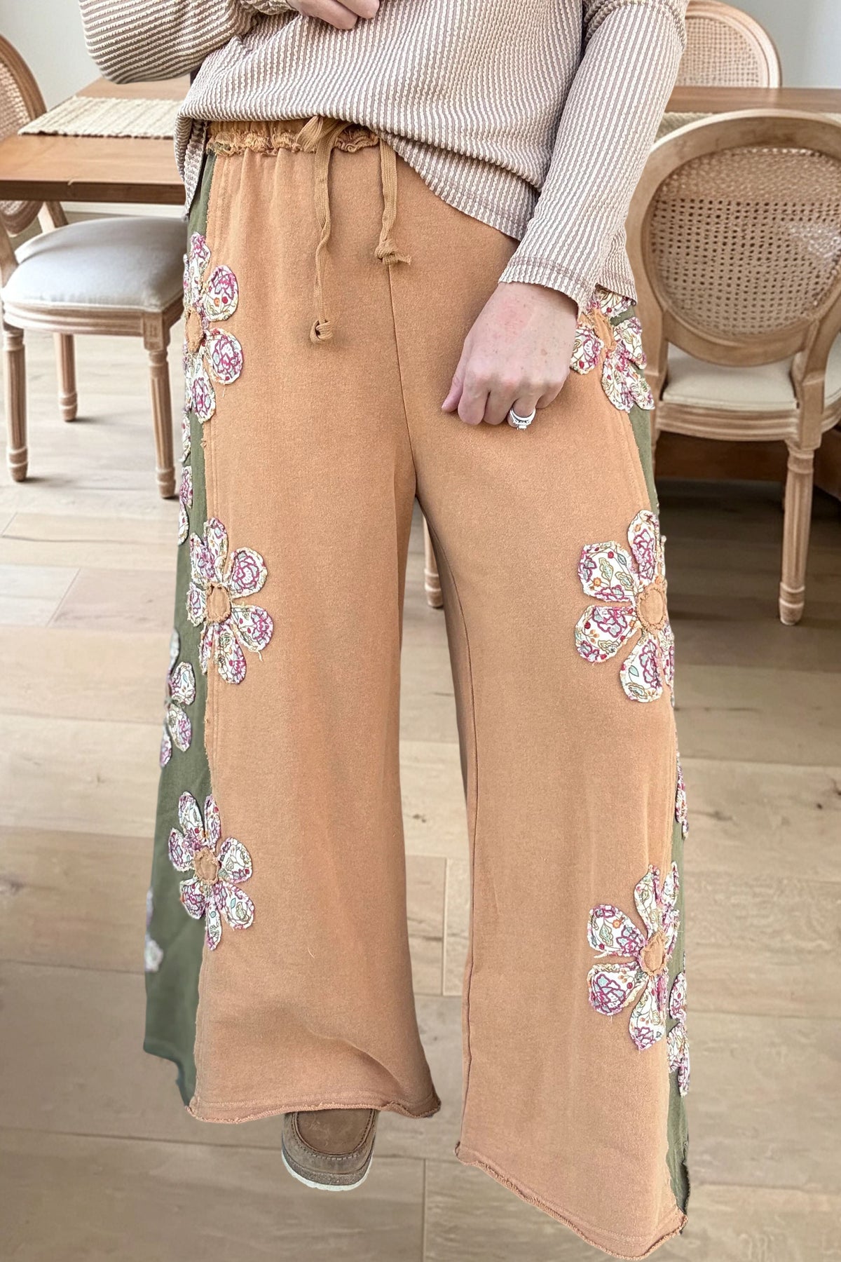 Floral Patchwork Drawstring Wide Leg Pants