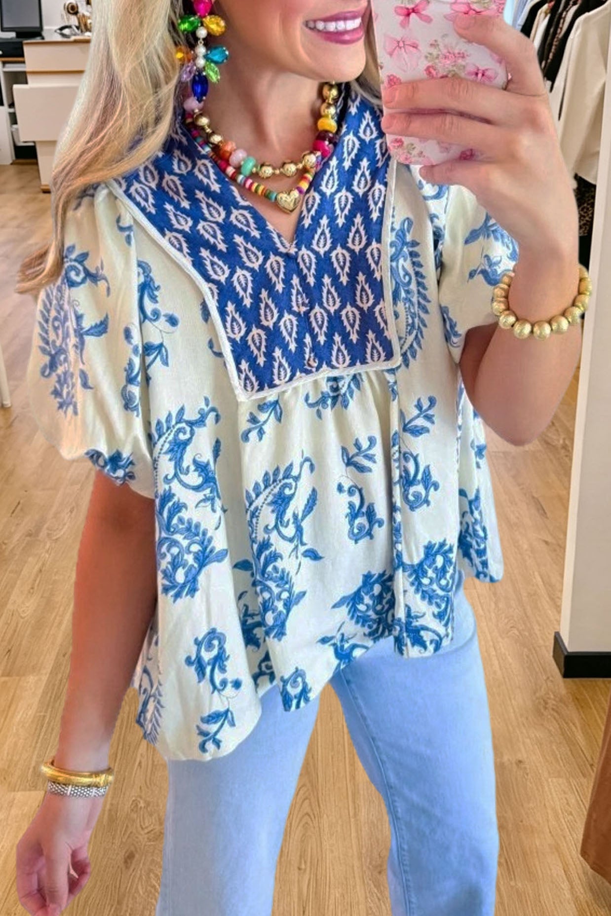 Boho Floral Print V-Neck Blouse