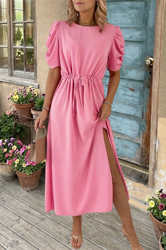 Puff Sleeve Drawstring Split Midi Dress