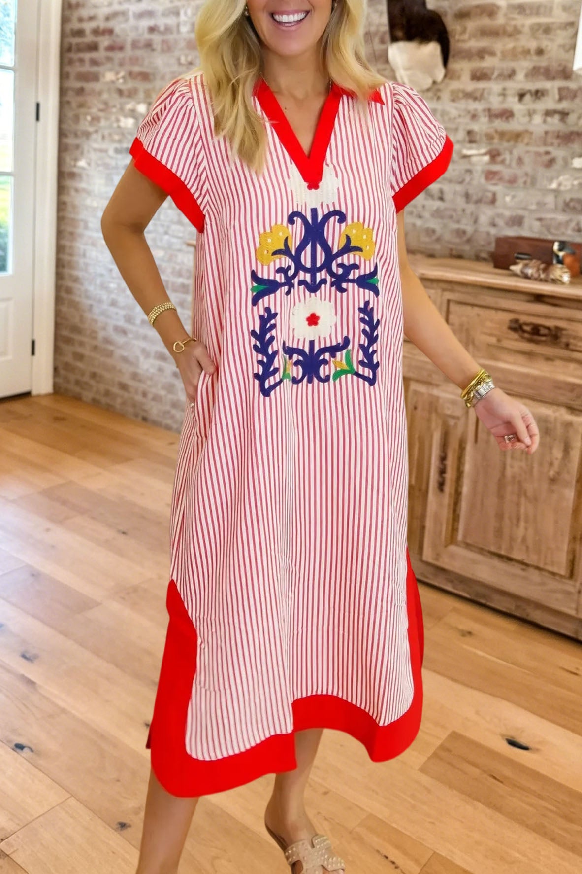 Striped Embroidered V-Neck Maxi Dress