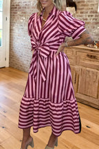 Striped Tie-Front Puff Sleeve Dress
