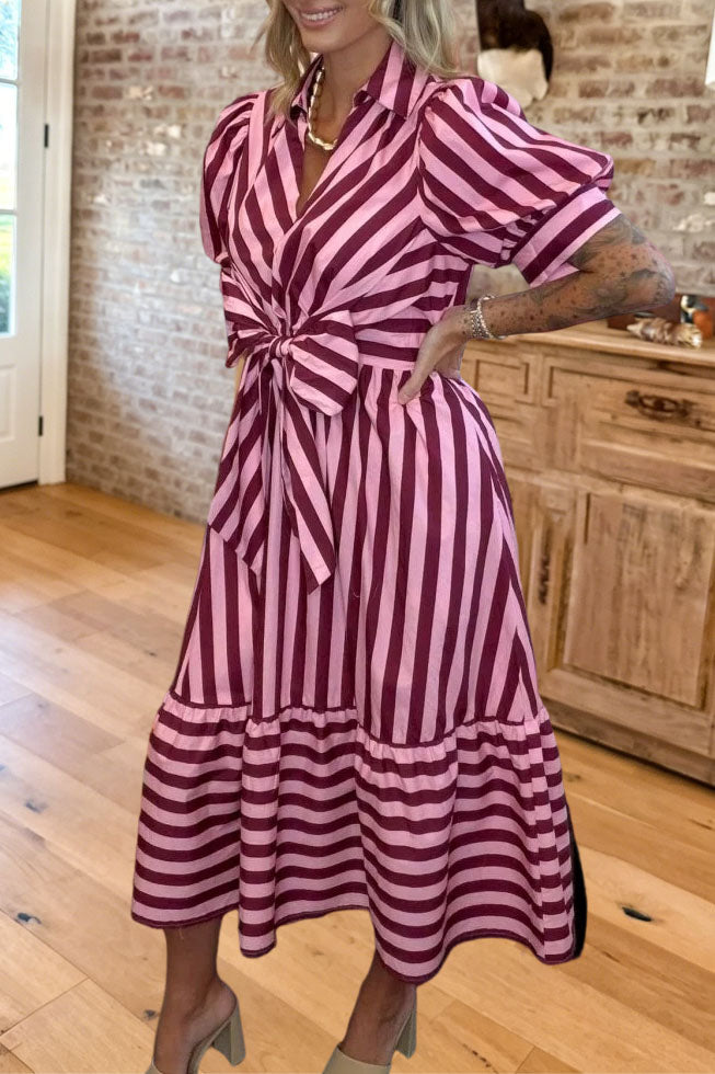 Striped Tie-Front Puff Sleeve Dress