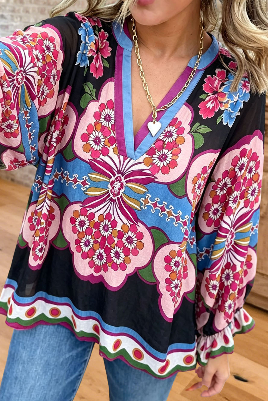 Floral Print V-Neck Boho Blouse