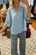 Hollow Out V-Neck Half Sleeve Blouse