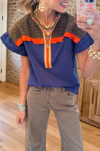 Plaid Zip Flutter Sleeve Top