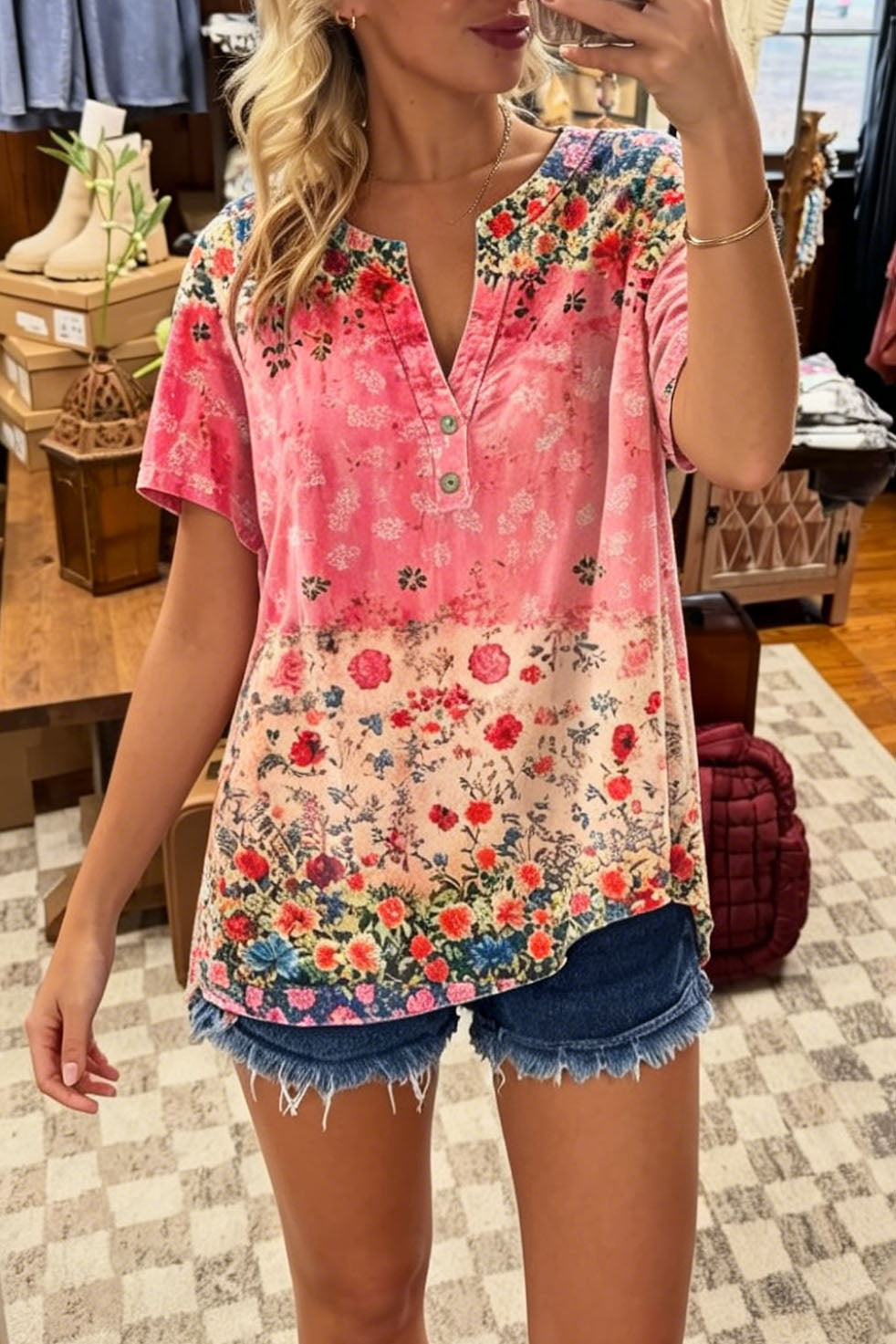 Floral Print Split V-Neck Top