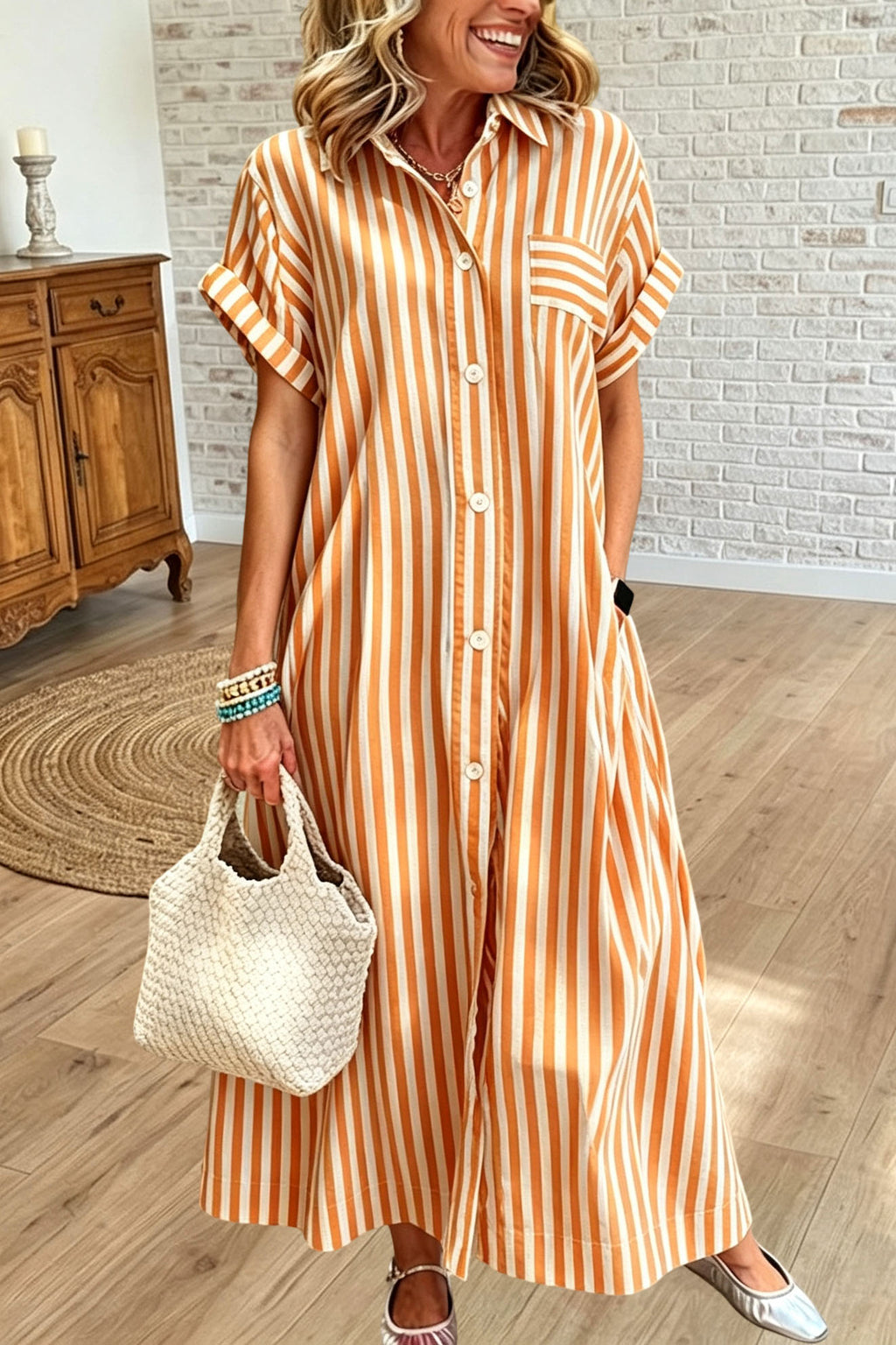 Striped Button Down Shirt Dress