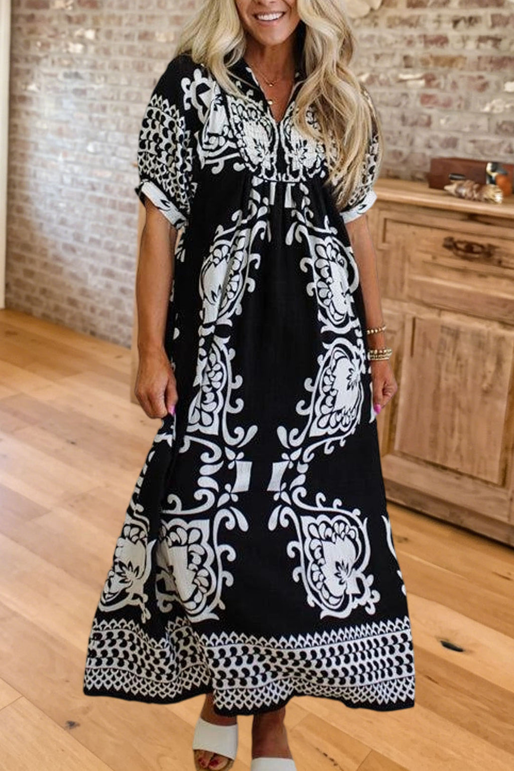 Boho Print V Neck Maxi Dress