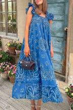 Retro Print Ruffle Maxi Dress