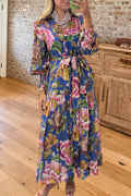 Floral Print Belted Tiered Maxi Dress