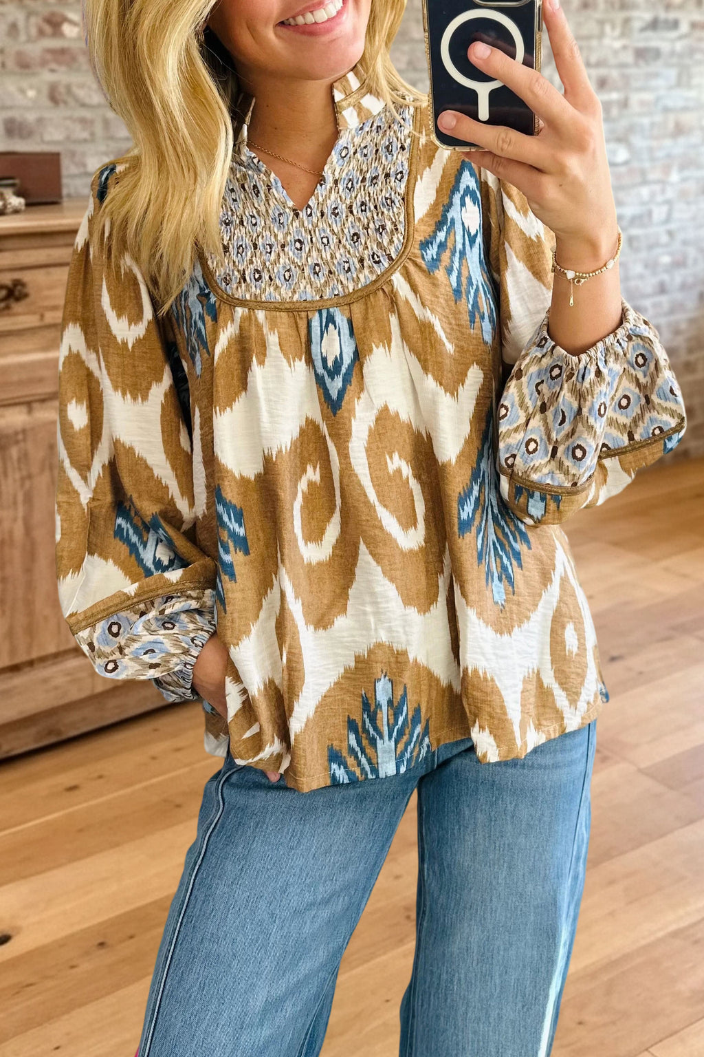 Boho Printed Smocked V-Neck Blouse