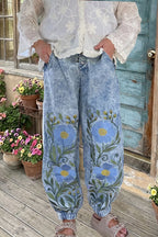 Floral Embroidered Denim Pants