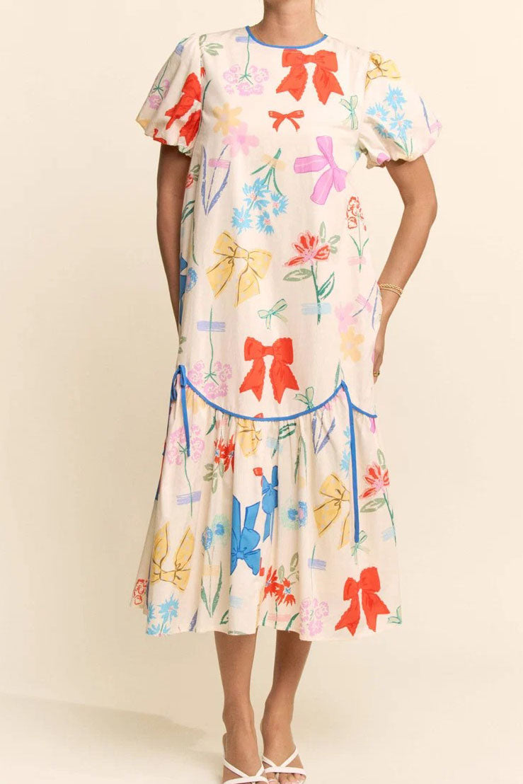 Floral Bow Print Midi Dress