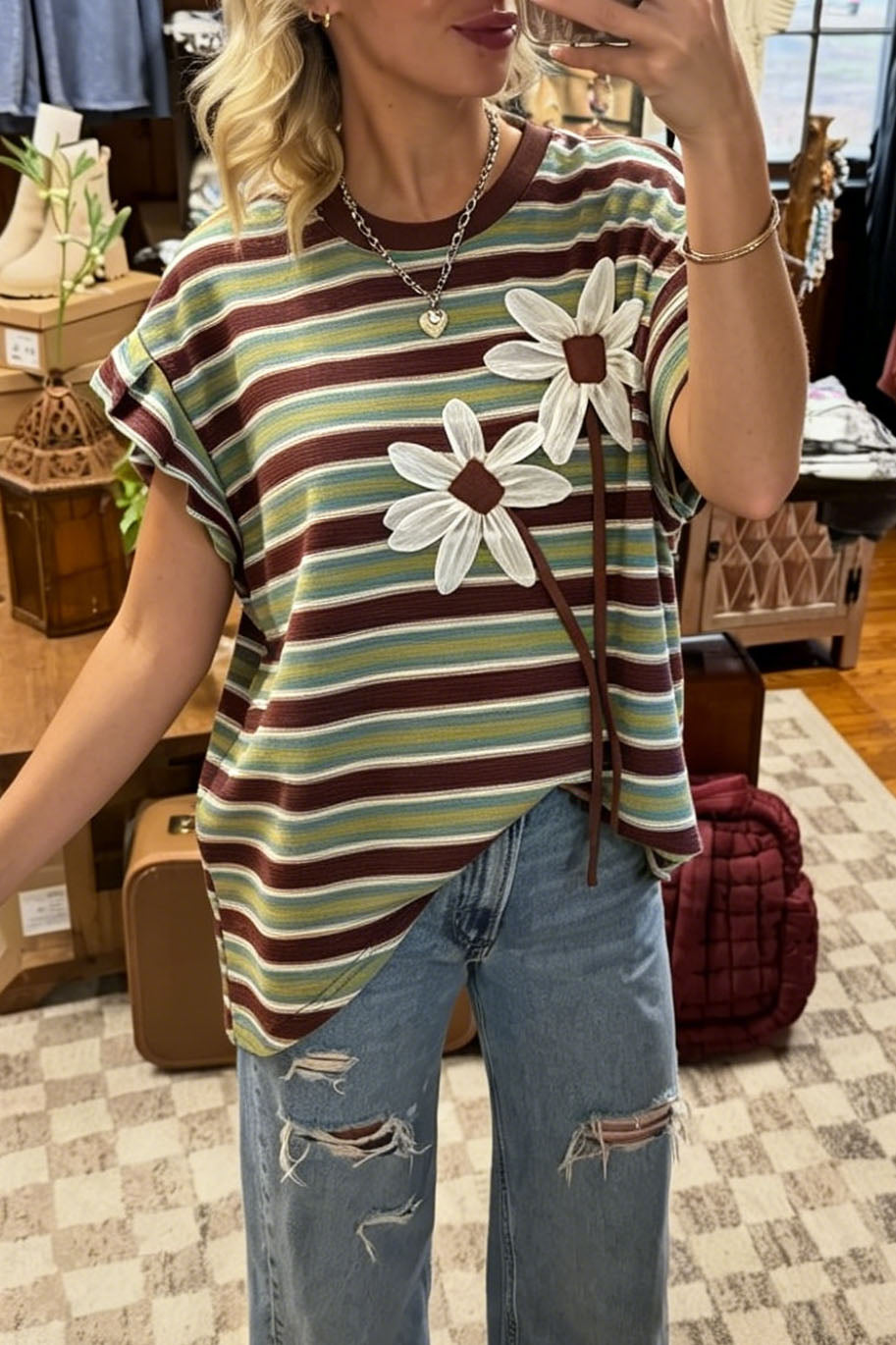 Striped Daisy Patch Round Neck Tee