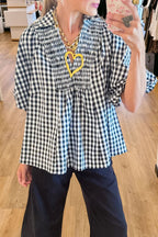 Casual Plaid Pleated V-Neck Top