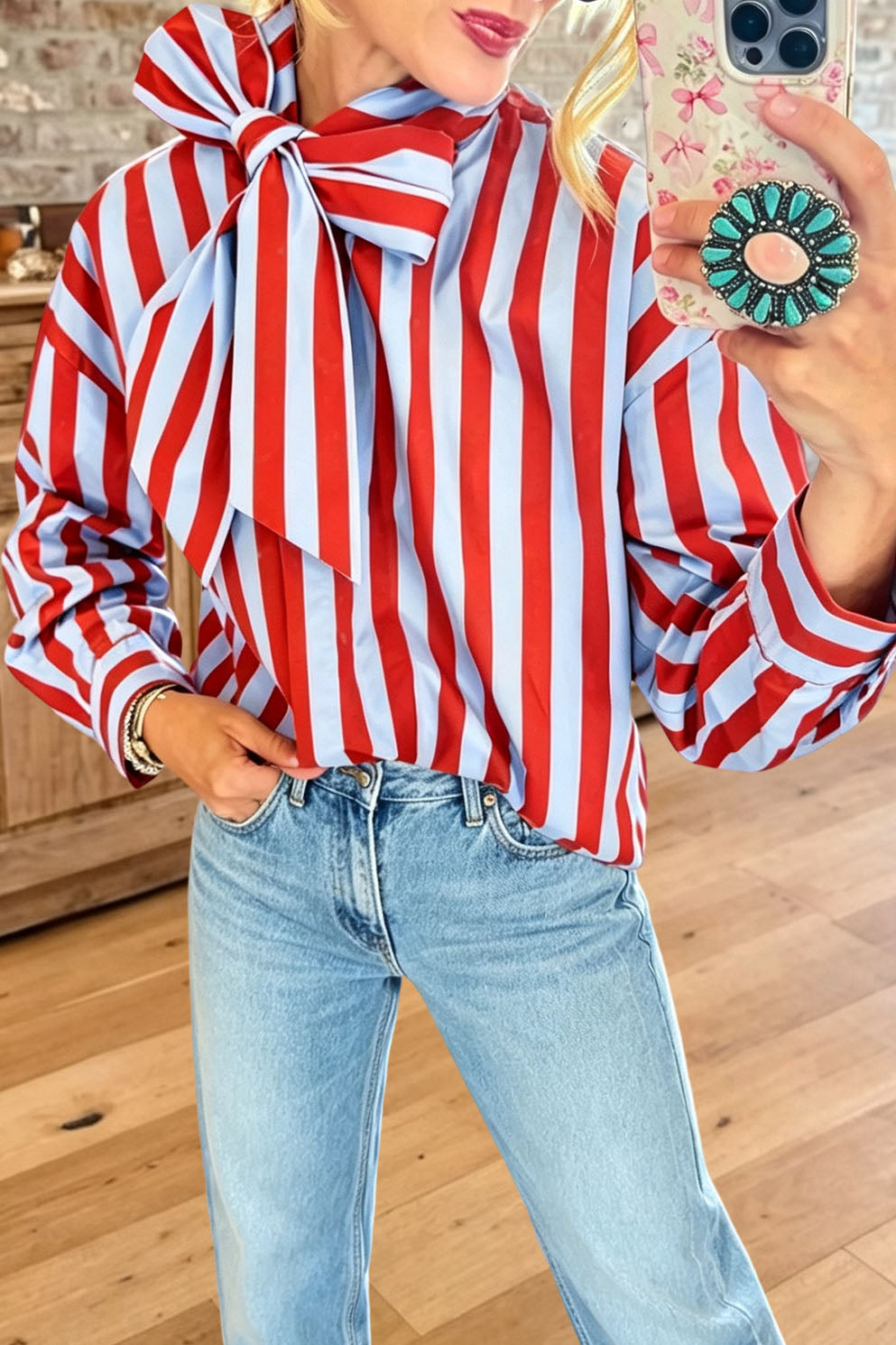 Striped Bow Tie Neck Long Sleeve Blouse