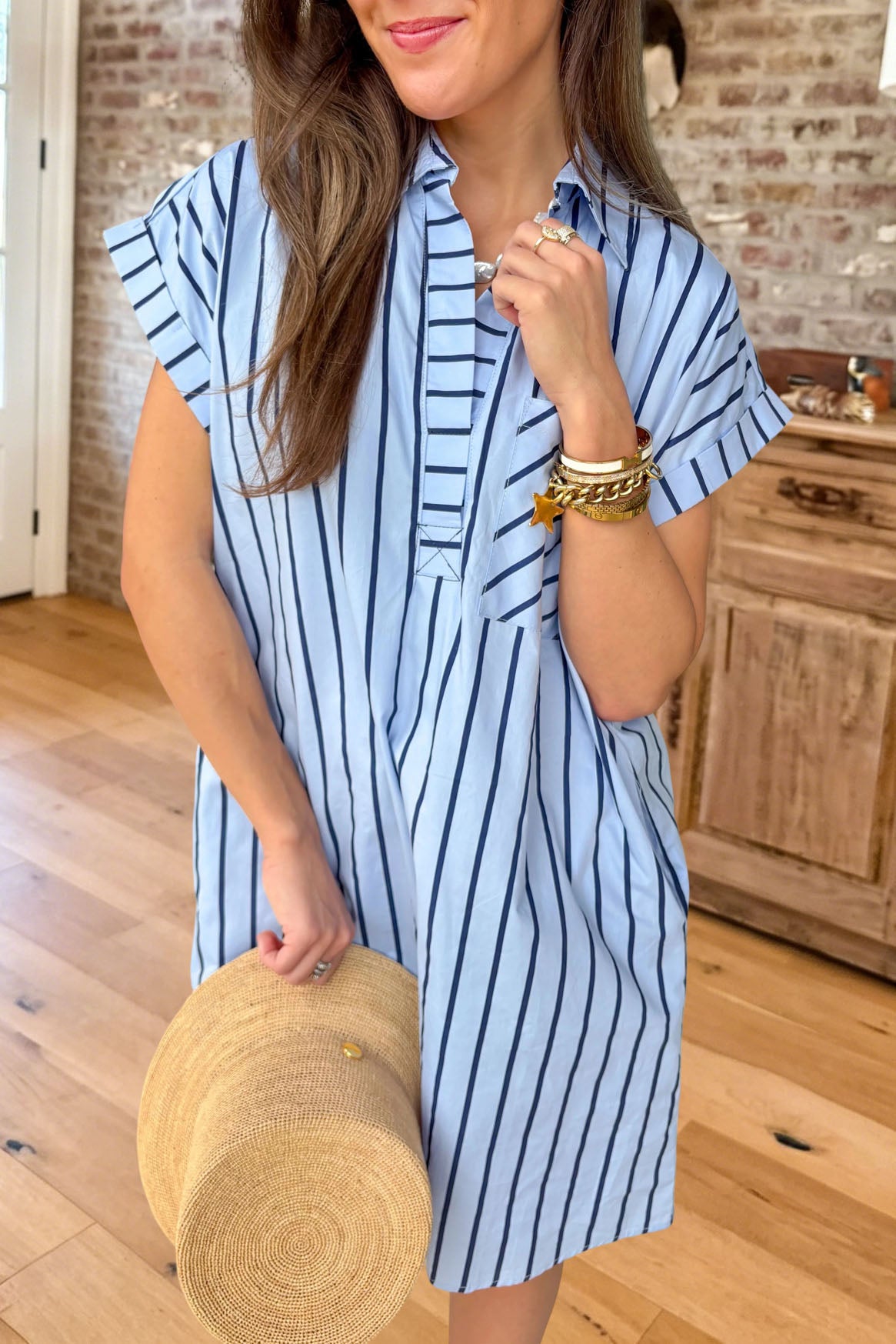 Striped Collared Shift Pocket Mini Dress