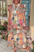 Boho Patchwork Print Flutter Sleeve Dress