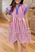 Striped Denim Trim Tiered Dress